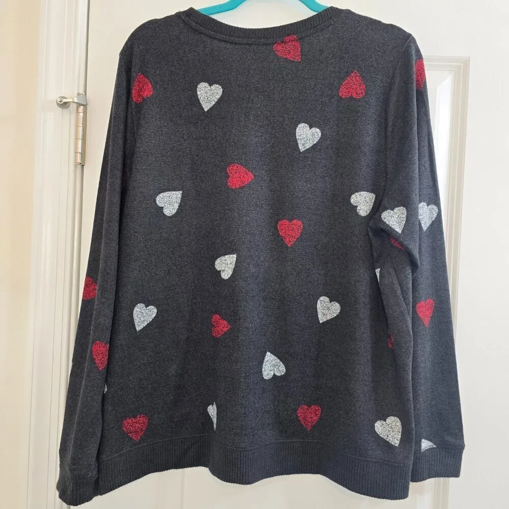 Lucky Brand Cloud Jersey Sweatshirt In Charcoal W/ Red White Hearts - Picture 3 of 8